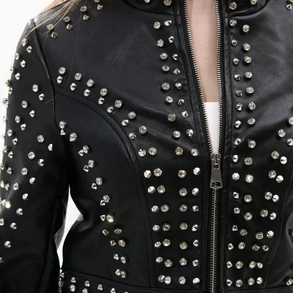 Women's Black Studded w/ Diamonds Leather Jacket - Elevated Moto Style - Picture 4 of 4